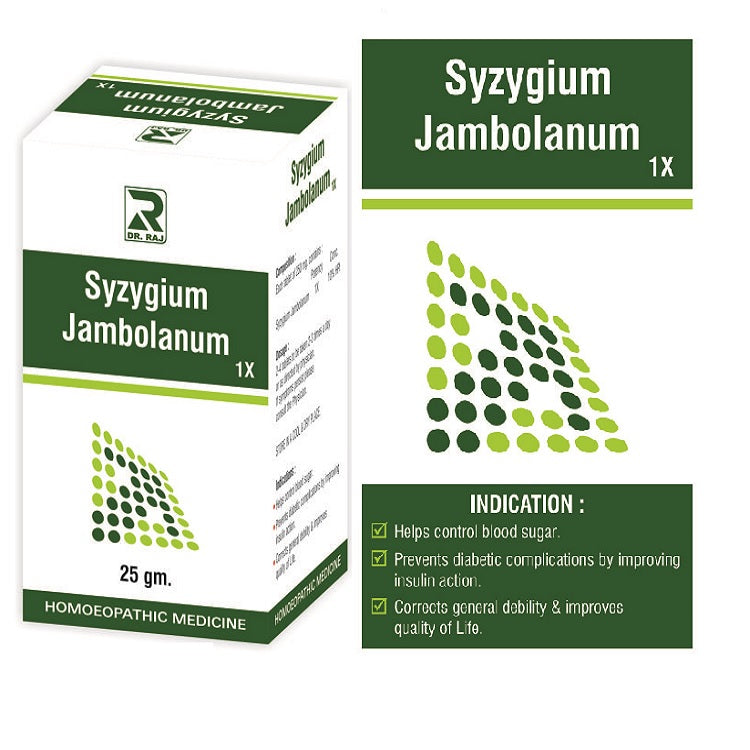 Packaging of Dr Raj Syzygium Jambolanum 1x tablets, indicating its use for diabetes and blood sugar control with dosage instructions.