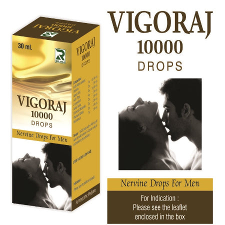 Packaging of Dr. Raj Vigoraj 10000 Drops, which is indicated for men's sexual health.