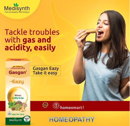 a girl eating pizza and a syrup  bottle carminative mixture with digestive enzymes