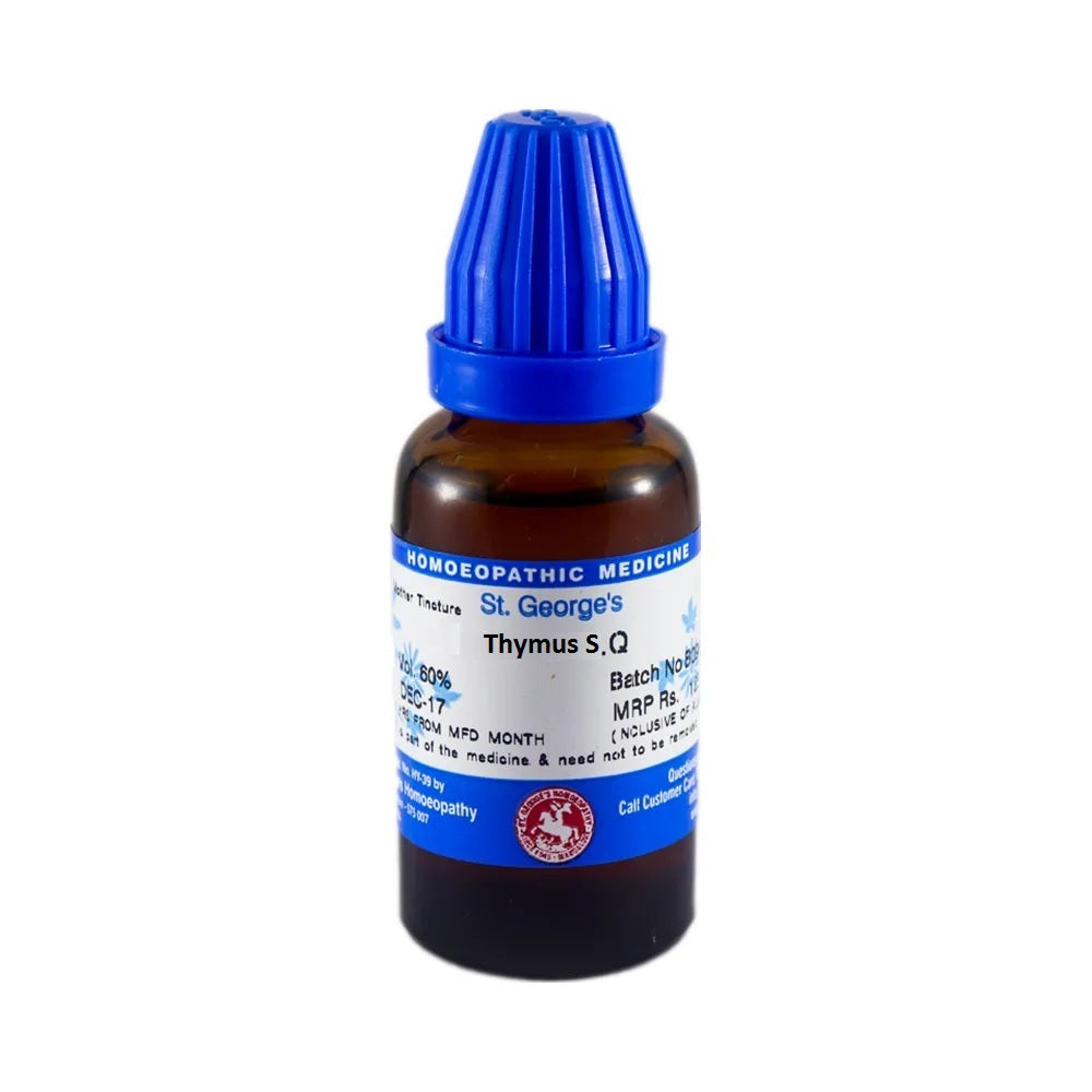A bottle of St. George's Thymus Serpyllum Homeopathic Medicine, Clinical Medicine Section.