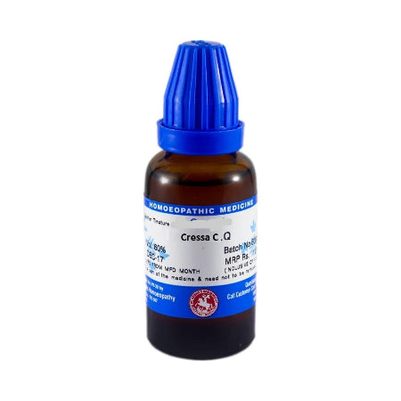A bottle of St George Cressa Cretica homeopathic medicine, with a blue cap and label.