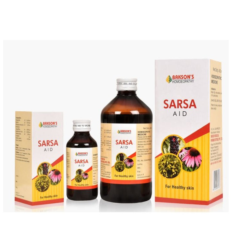 Homeopathy Bakson Sarsa Aid blood purifier in 115ml 450ml packs, sarsa aid syrup, bakson sarsa aid, blood purifier syrup for acne, homeopathic blood purifier, acne treatment homeopathy,