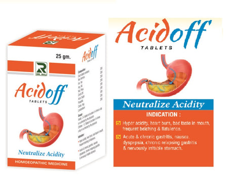 Packaging of Dr. Raj Acidoff Tablets, which are homeopathic medicine pills indicated for neutralizing acidity.