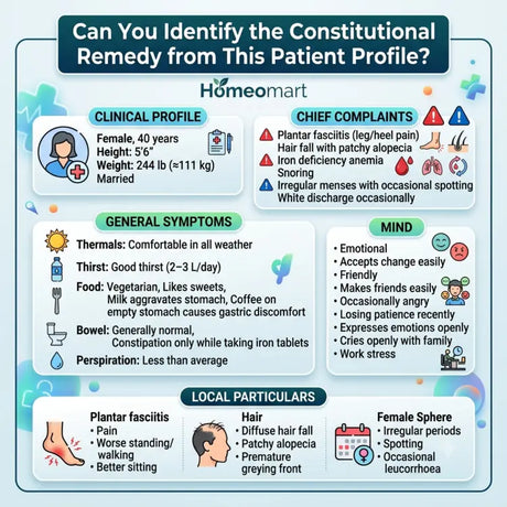 homeopathy Clinical Profiling patient with hair loss, irregular periods, anemia, and plantar fasciitis