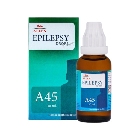 Packaging and bottle for Allen A45 Homeopathy Epilepsy Drops, showing the product name and a brief description on the packaging, along with the bottle of drops in front of the box.