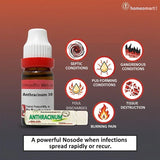 infographic showing sepsis, gangrene icons with anthracinum homeopathy medicine on red nackground
