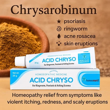 Chrysarobinum, also known as Acid Chryso Cream, is derived from Goa Powder (Andira Araroba) and acts as a potent irritant for skin conditions. It is primarily used to treat a variety of skin ailments, particularly psoriasis, ringworm, and acne rosacea, offering relief from symptoms like violent itching, redness, and scaly eruptions.