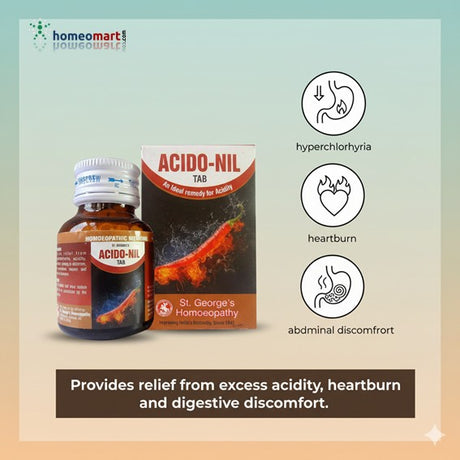 ACIDO-NIL tablet packaging with bottle on a gradient background, featuring acidity symptoms and relief information.