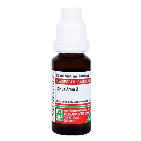 Bottle of Rhus Aromatum homeopathic medicine with a white cap on a white background