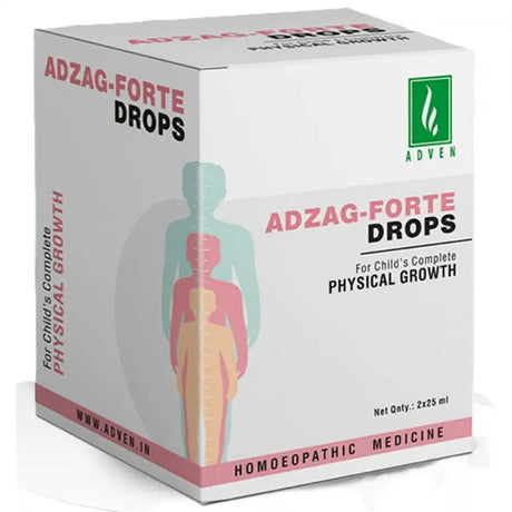 Box of Adzag-Forte Drops for child's physical growth on a white background