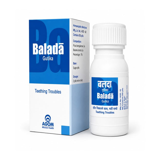 Balada gutika is a ayurveda medicine for teething troubles in children. The key ingredient in Agom Balada Gutika is Ficus benghalensis, commonly known as the banyan. Useful in burning sensation, ulcers, painful skin diseases, inflammation and toothache. Ficus benghalensis have several analgesic properties.