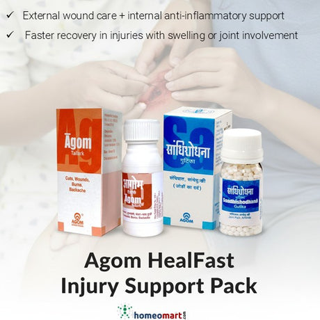 Agom HealFast Injury Support Pack with medical bottles and boxes on a white background