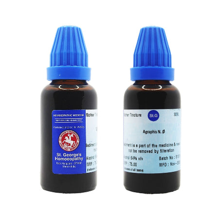 Two bottles of Agraphis Nutans Homeopathy Mother Tincture, with blue labels indicating the brand and product information.