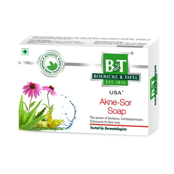 B&T Akne-Sor Soap clears oily skin and  treats acne, pimples, itching & psoriasis with Berberis, Aloe Vera & Echinacea. Clear skin naturally