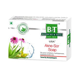 B&T Akne-Sor Soap clears oily skin and  treats acne, pimples, itching & psoriasis with Berberis, Aloe Vera & Echinacea. Clear skin naturally