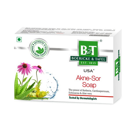 B&T Akne-Sor Soap clears oily skin and  treats acne, pimples, itching & psoriasis with Berberis, Aloe Vera & Echinacea. Clear skin naturally
