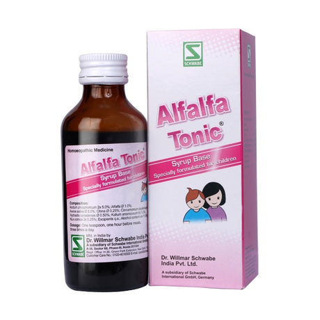 Alfalfa Tonic syrup bottle and packaging on a white background