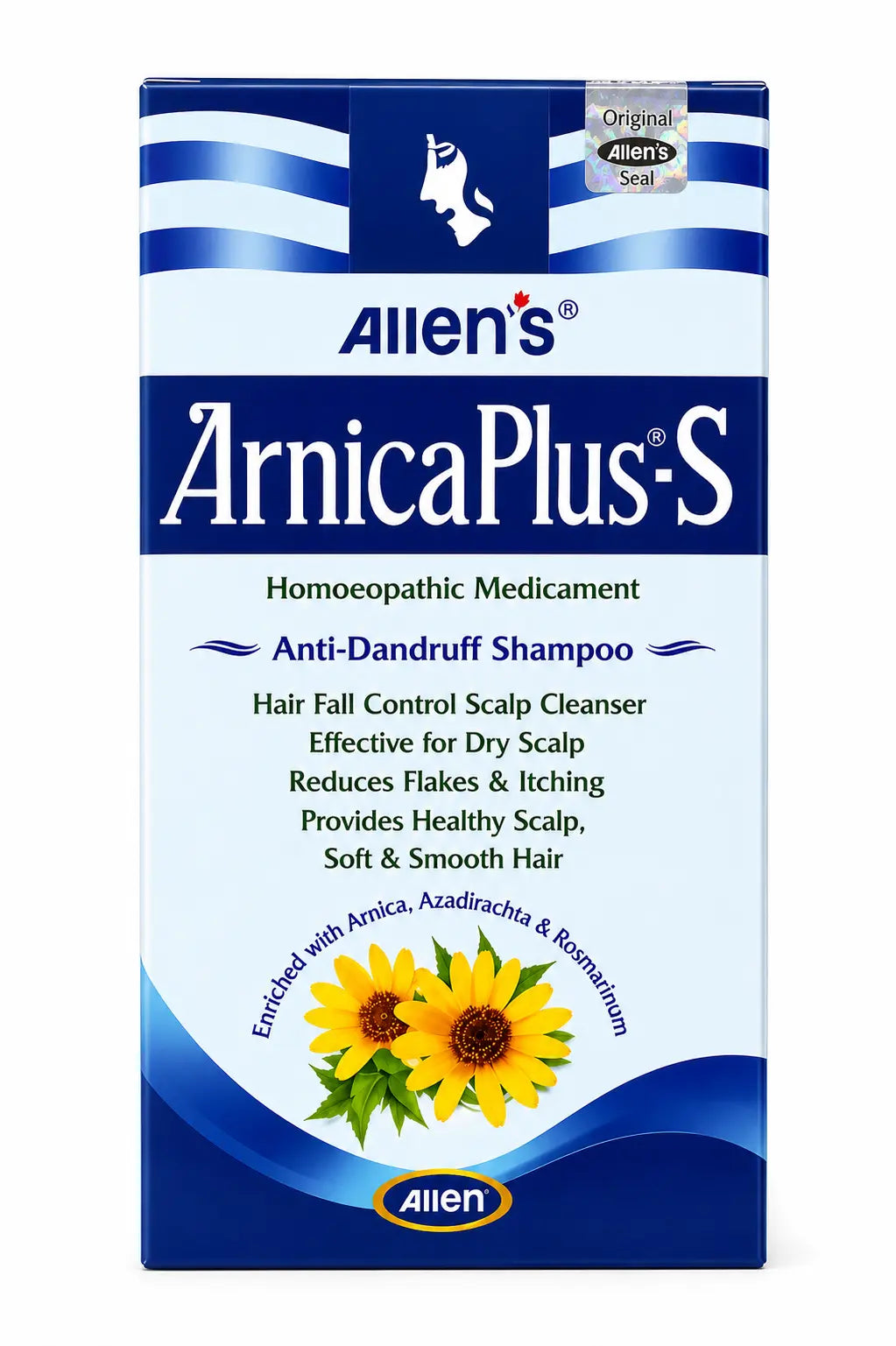 Allens Arnicaplus-S Shampoo removes dandruff, prevents scalp infections & strengthens hair with Arnica, Selenium & Thuja. Suitable for all hair types