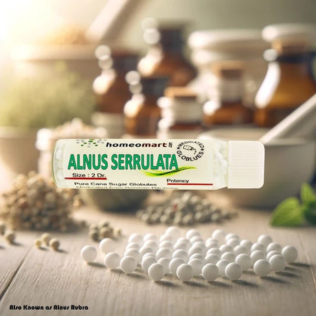 Homeomart Alnus Serrulata pills product on a wooden surface with homeopathy dilutions background