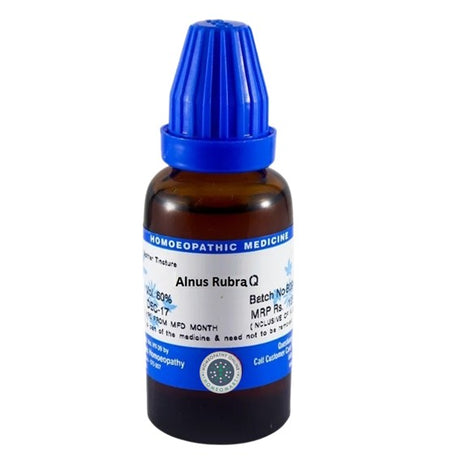 Brown bottle with blue cap labeled 'Alnus Rubra Q' on a white background