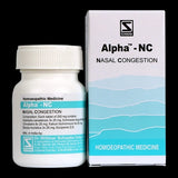 Alpha-NC nasal congestion medicine bottle and packaging on a black background