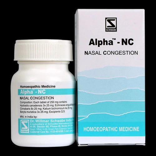 Alpha-NC nasal congestion medicine bottle and packaging on a black background