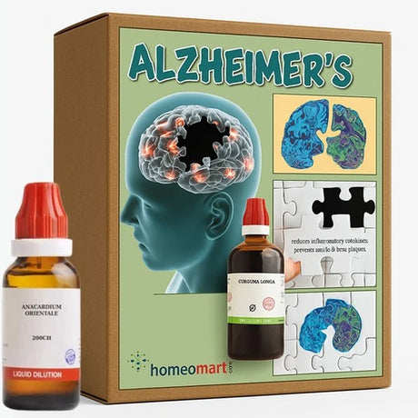 Homeopathic treatment for Alzheimer's with packaging and bottles on a white background