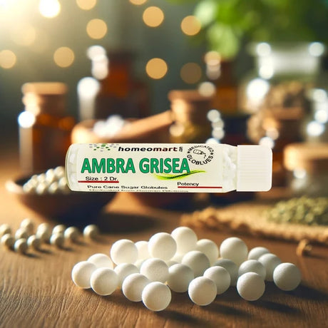 Homeopathy globules labeled 'Ambra Grisea' with a blurred background of bottles and jars in pharmacy