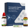 Homeopathic support remedies for ALS with packaging and bottles on a white background
