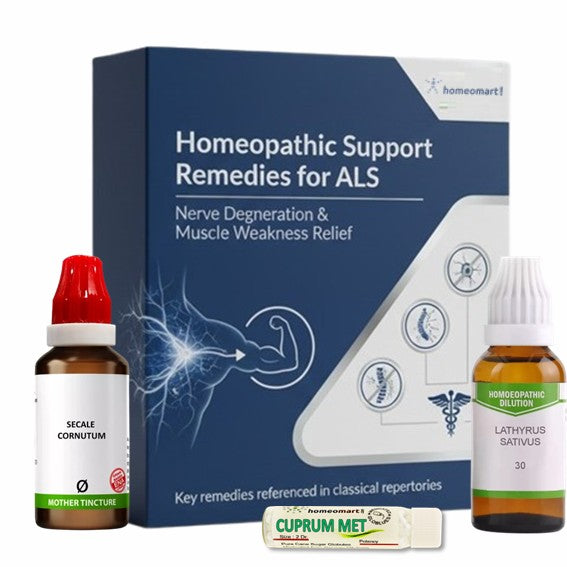 Homeopathic support remedies for ALS with packaging and bottles on a white background