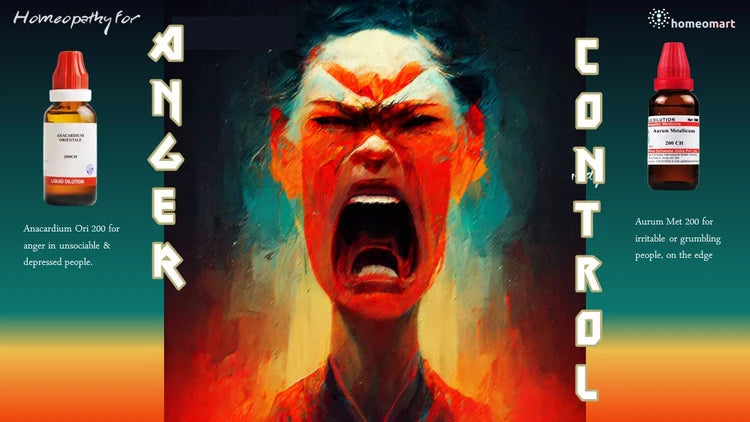  homeopathic remedies text and labeled 'Anger' and 'Control' with a person displaying anger and intensity.