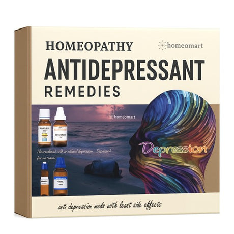 Box of homeopathy antidepressant remedies with colorful depiction of a head and ocean indicating Anti Depression Meds with Least Side Effects