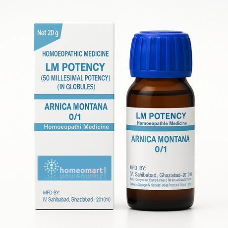 Homeopathic medicine bottle and packaging of Arnica Montana 0/1 on a white background