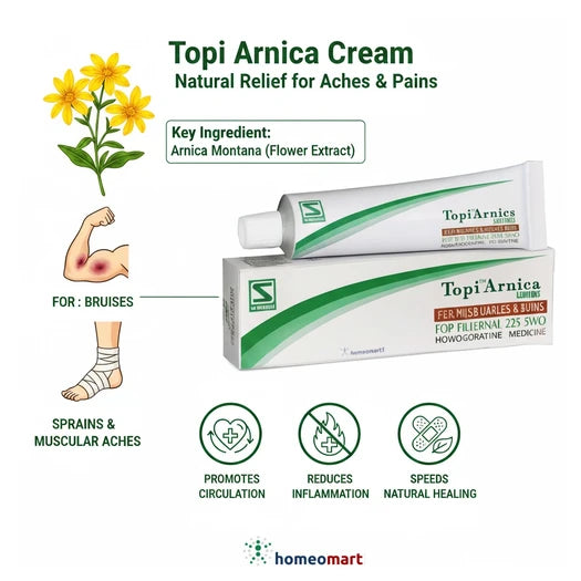 Topi Arnica Cream packaging with key ingredients and benefits on a white background