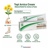 Topi Arnica Cream packaging with key ingredients and benefits on a white background