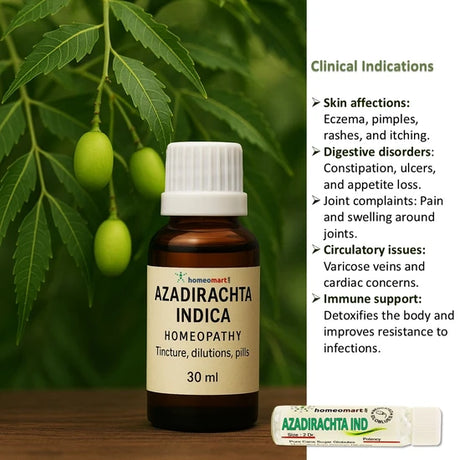 Antelaea Azadirachta, Melia Azadirachta, or Neem, is a versatile homeopathic remedy derived from the Neem tree. It is renowned for its therapeutic properties in addressing a wide range of conditions, including skin diseases, digestive issues, fever, and more.