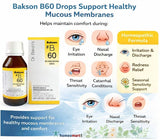 Advertisement for Bakson B60 Drops with product packaging and health benefits (mucous membrane) on a white background.