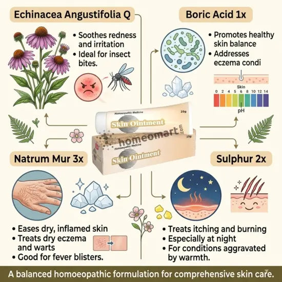 Homeopathic skin care formulation with Echinacea Angustifolia Q, Boric Acid 1x, Natrum Mur 3x, and Sulphur 2x, featuring illustrations and text.