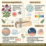 Homeopathic skin care formulation with Echinacea Angustifolia Q, Boric Acid 1x, Natrum Mur 3x, and Sulphur 2x, featuring illustrations and text.