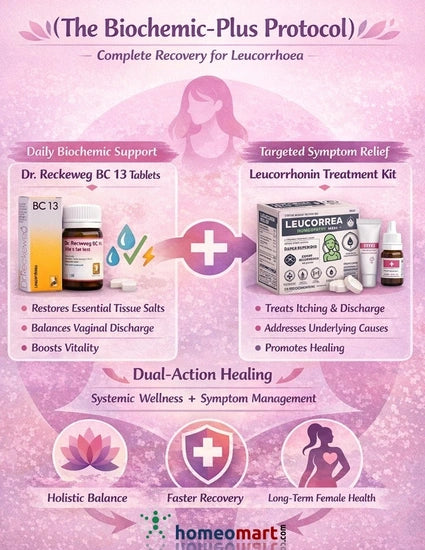 Advertisement for The BC13 Biochemic-Plus Protocol with product packaging and text on a pink background.