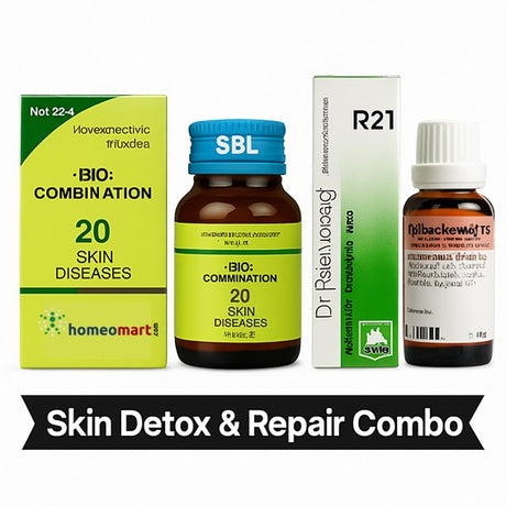 Collection of homeopathic medicine bottles and packaging on a white background with 'Skin Detox & Repair Combo' text.