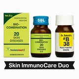 Two bottles of homeopathic medicine and a box labeled 'Skin ImmunoCare Duo' on a white background.