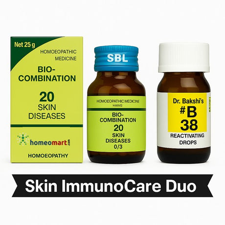 Two bottles of homeopathic medicine and a box labeled 'Skin ImmunoCare Duo' on a white background.