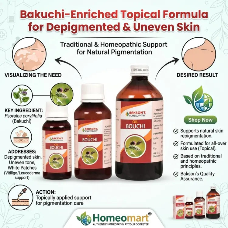 Bakson Oil Bouchi, Bouchi Oil, Bakuchi, Babchi, Psoralea Corylifolia, Vitiligo, Leucoderma, Skin Pigmentation, Hypopigmentation, White Patches, Depigmented Skin, Skin Care, Homeopathy, Homeopathic Medicine, Bakson, Bakson Drugs, Topical Oil, Pigmentation Care, Bakuchi Oil, Natural Skin Care, Herbal Skin Care, Skin Wellness, Homeomart, 60ml, 100ml, 450ml