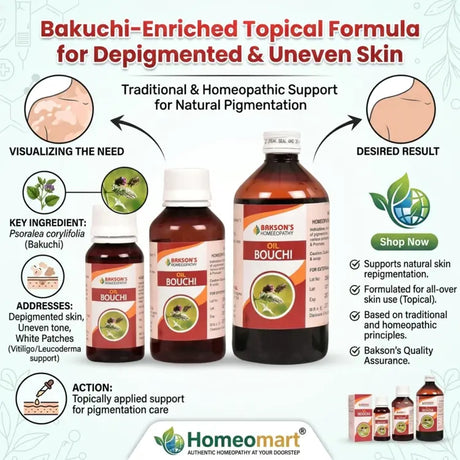 Bakson Oil Bouchi, Bouchi Oil, Bakuchi, Babchi, Psoralea Corylifolia, Vitiligo, Leucoderma, Skin Pigmentation, Hypopigmentation, White Patches, Depigmented Skin, Skin Care, Homeopathy, Homeopathic Medicine, Bakson, Bakson Drugs, Topical Oil, Pigmentation Care, Bakuchi Oil, Natural Skin Care, Herbal Skin Care, Skin Wellness, Homeomart, 60ml, 100ml, 450ml