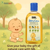 SBL BabyCare Massage Oil bottle with a baby illustration on a nature-themed background