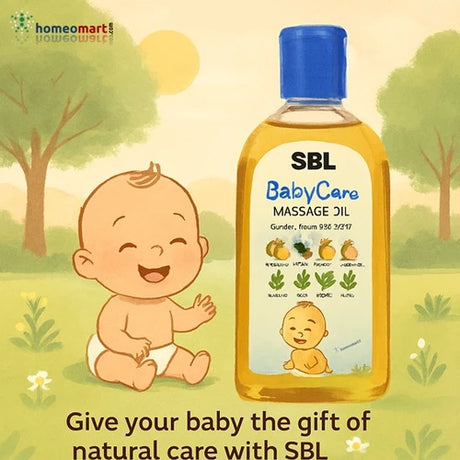 SBL BabyCare Massage Oil bottle with a baby illustration on a nature-themed background