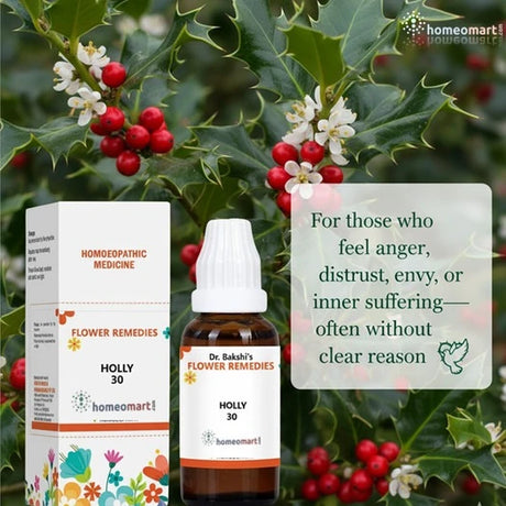 Homeopathic medicine bottle and packaging with holly leaves and berries in the background