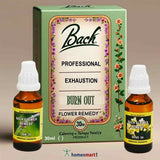 Packaging of Bach Flower Remedies for Professional Exhaustion with Oak and Olive blends. The box contains two 30ml bottles of liquid remedy.