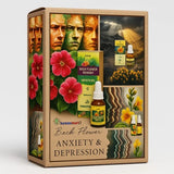 Bach Flower Remedies packaging with images of flowers and anxiety and depressed people on a wooden box.